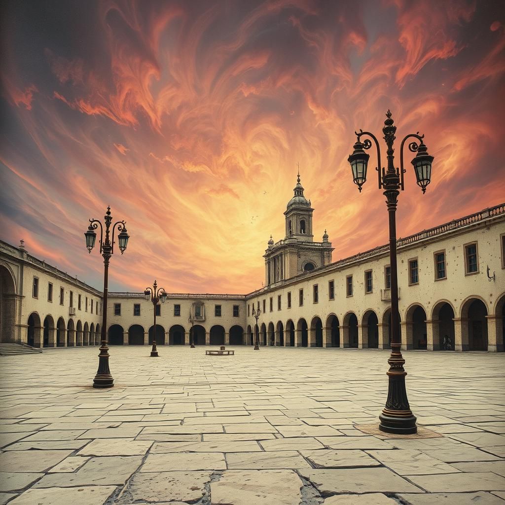 Dreamlike Plaza on Vintage Postcard as Color Field Art