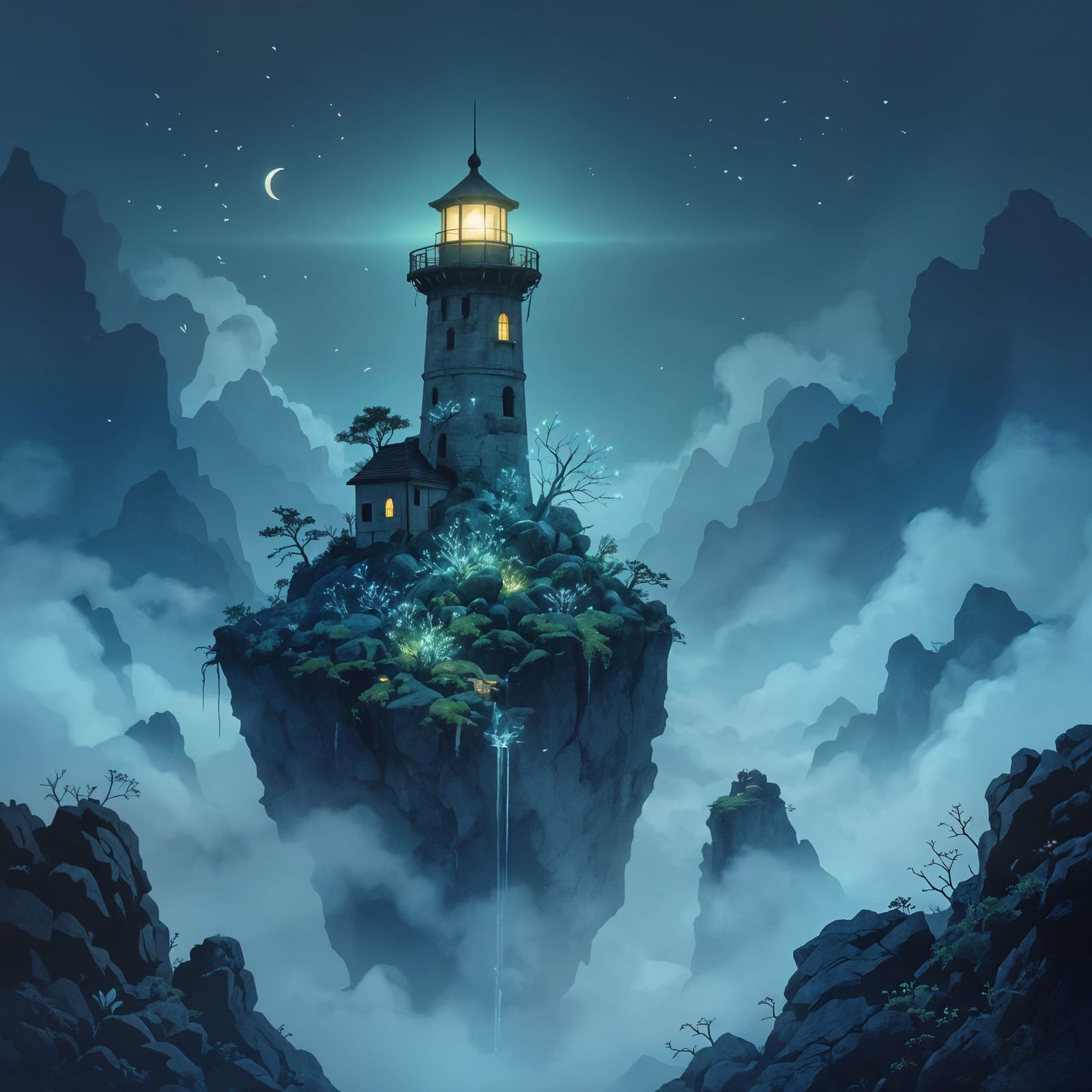 Solitary Lighthouse on Floating Island in Twilight