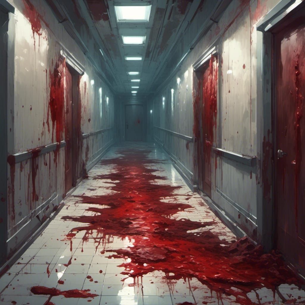 Ominous Blood-Soaked Hallway Painting