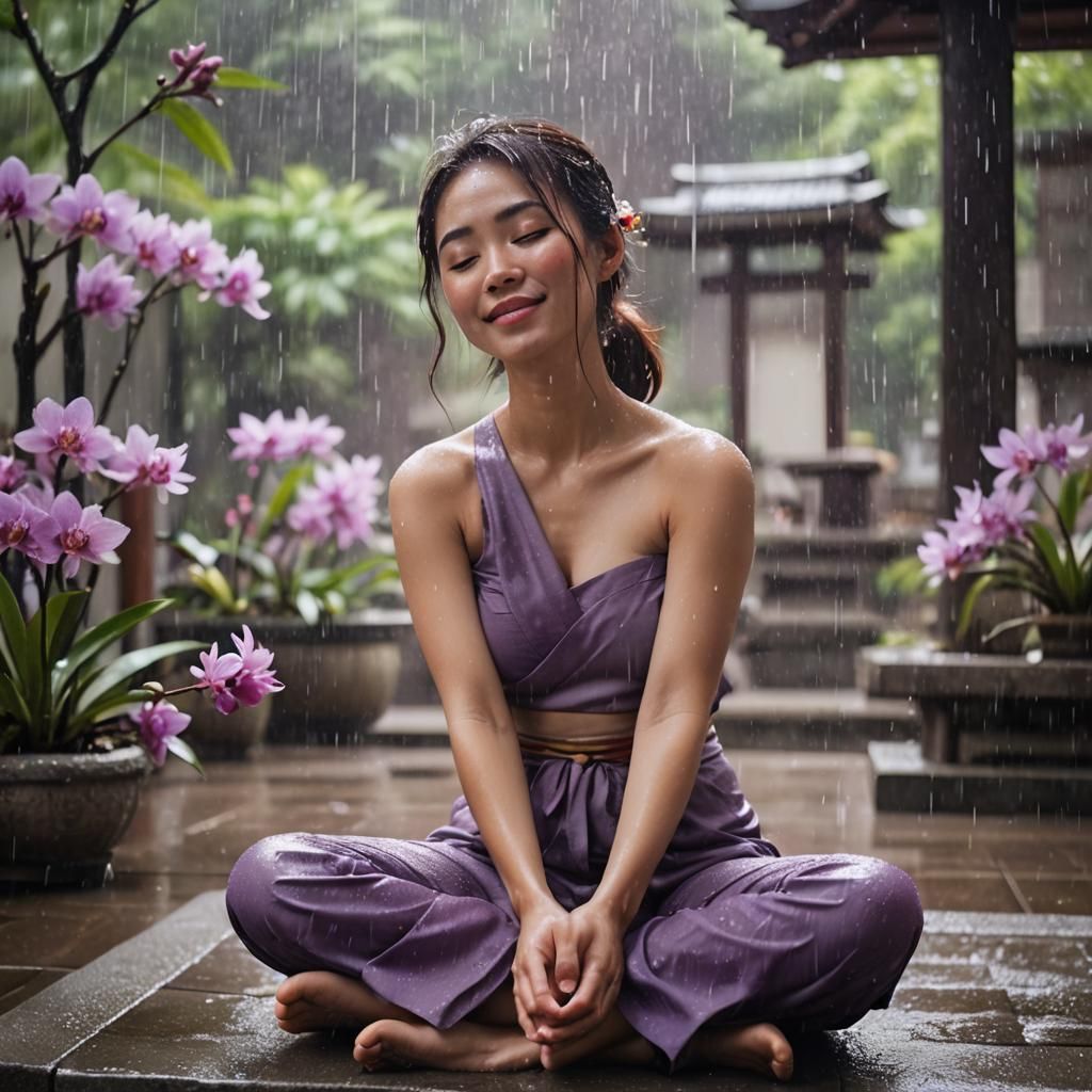 Serene Japanese Woman Meditating in Monsoon Rain