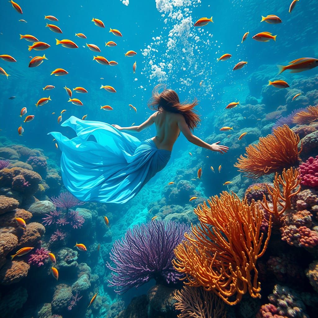 Serenely Gliding Model Amidst Vibrant Coral Reefs and Tropic...