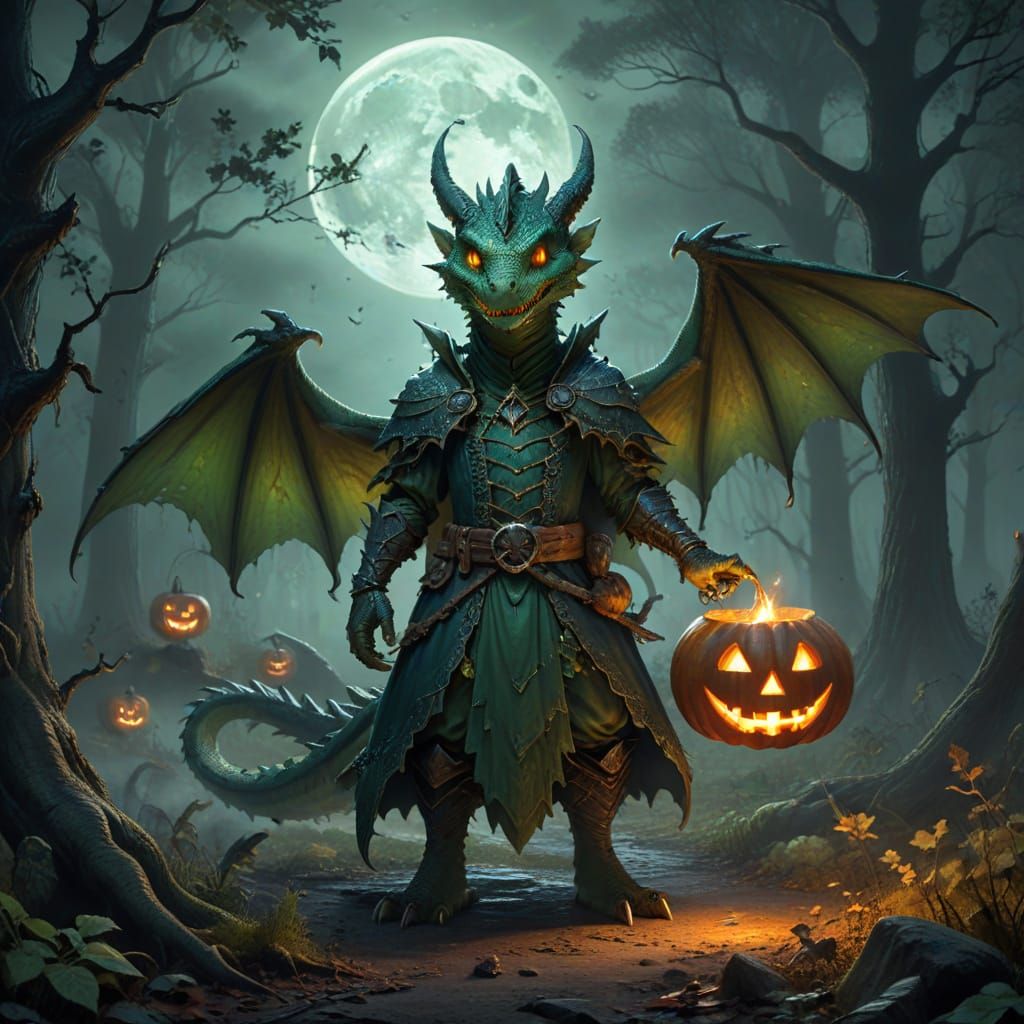 Friendly Green Dragon in Witch Costume with Jack-o'-Lantern
