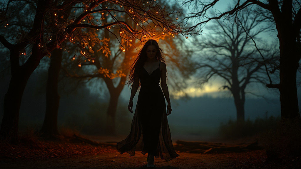 Ethereal twilight scene with gossamer strands floating in a ...