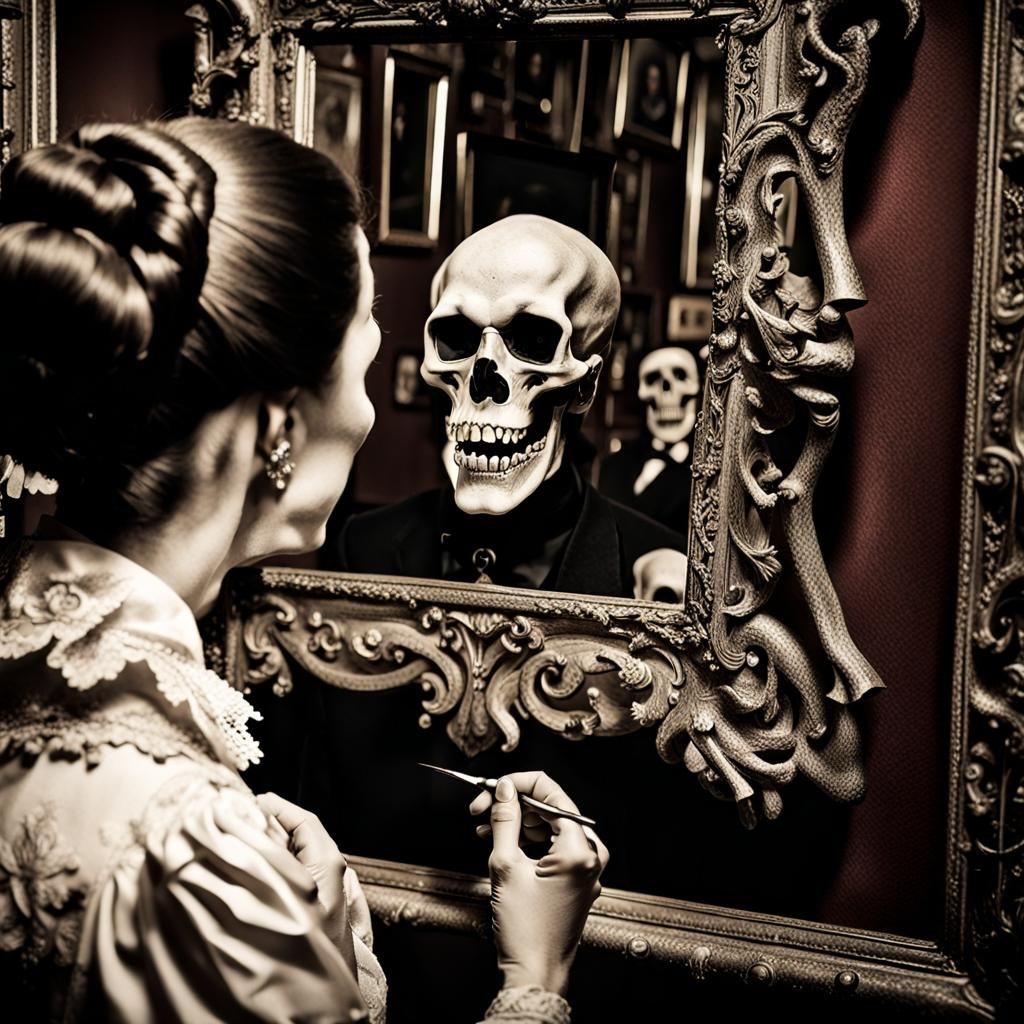 Macro Photo: Woman and Vampire Portraits in Ornate Mirror