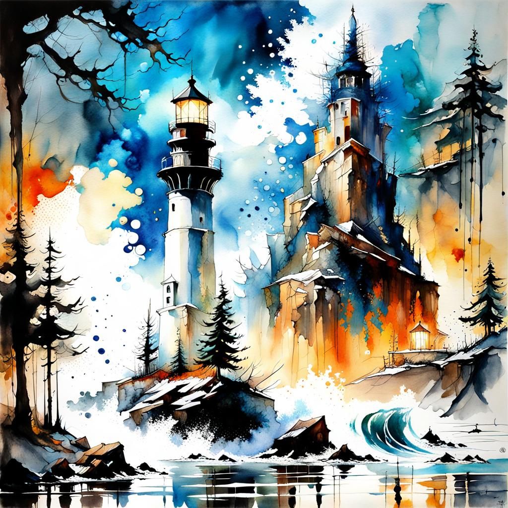 Lighthouse Christmas Tree: Watercolor Masterpiece