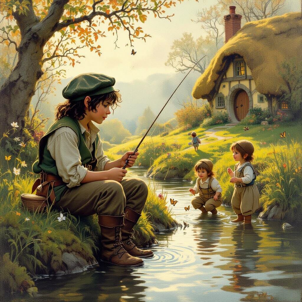 Hobbit Fishing by Cottage in Golden Hour Oil Painting