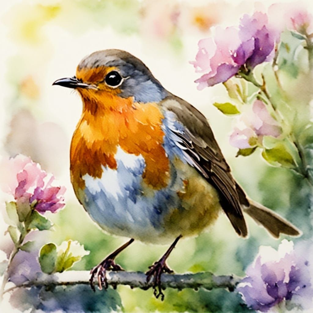 Robin in Summer Garden Watercolor Painting