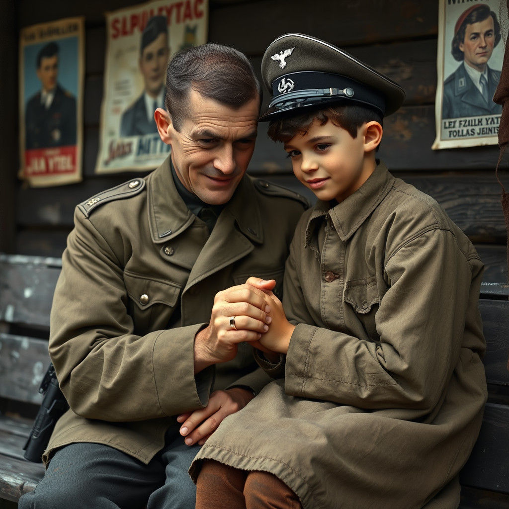 Kind German Soldier and Jewish Boy, Expressive Painting