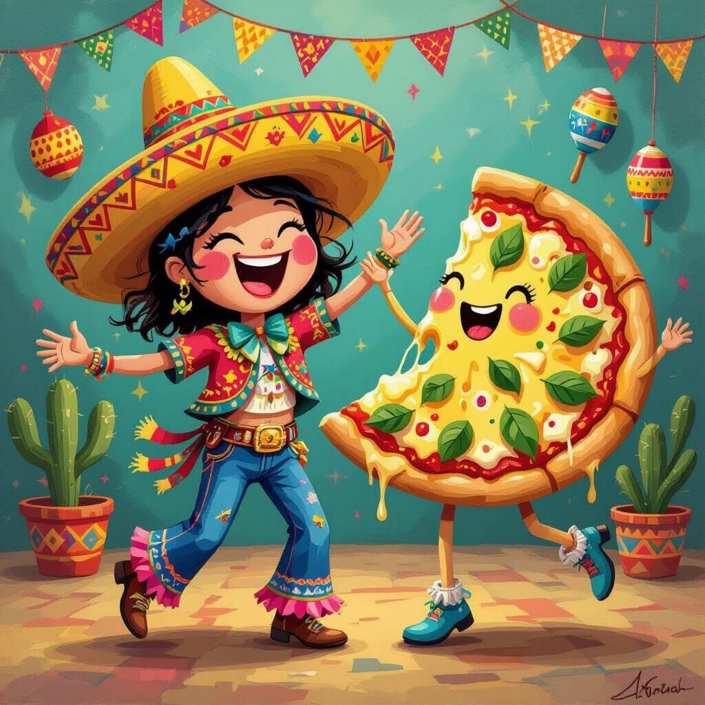 Taco and Pizza Fiesta in Folk Art Style