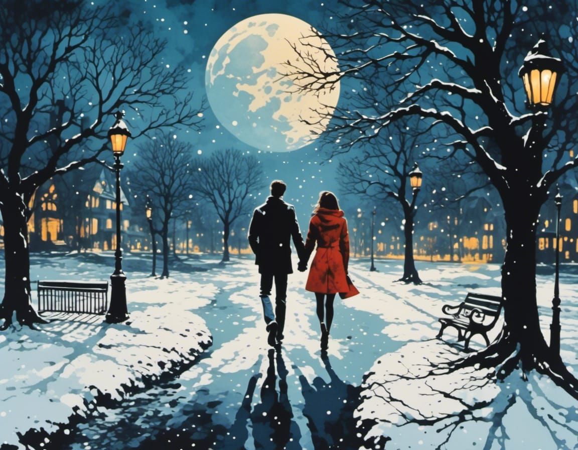 Couple Walking in Snowy Park on Moonlit Night