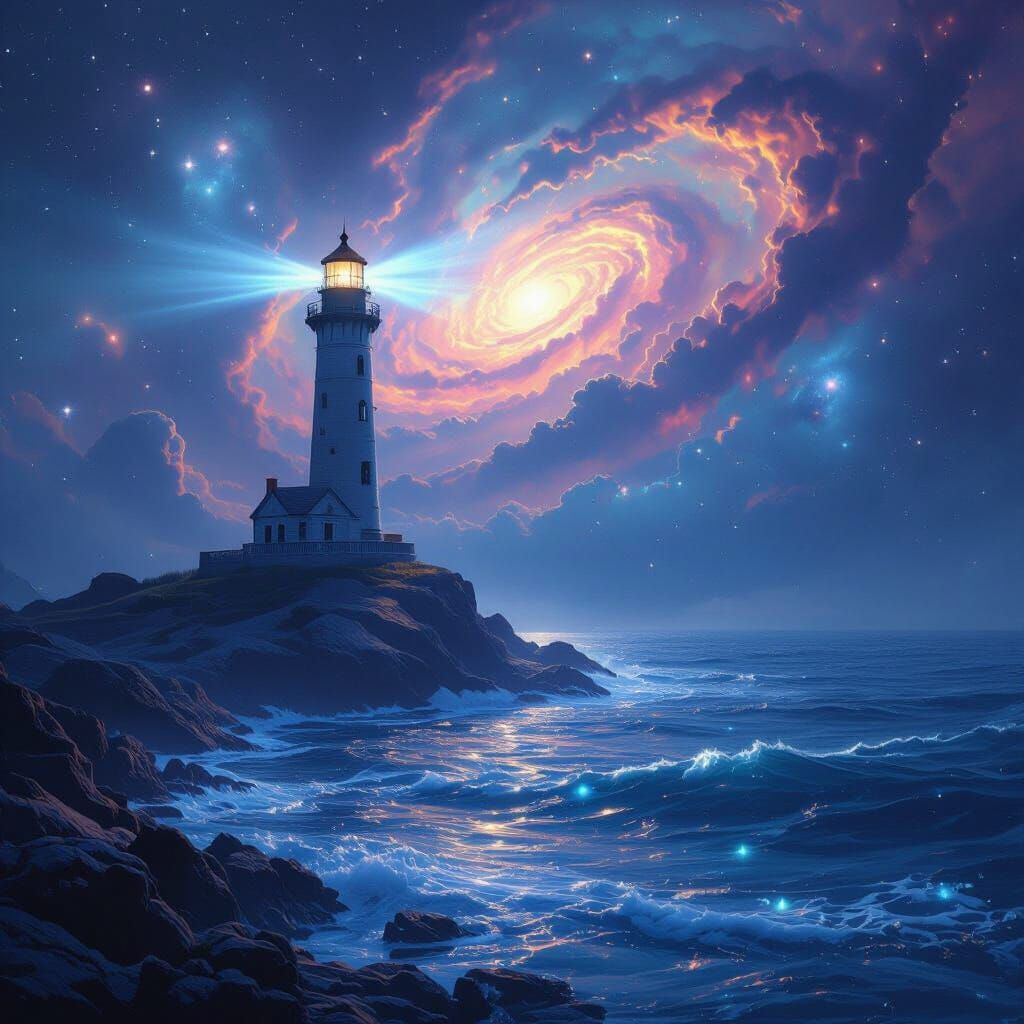 Cosmic Lighthouse Beam Through Nebula Over Bioluminescent Se...