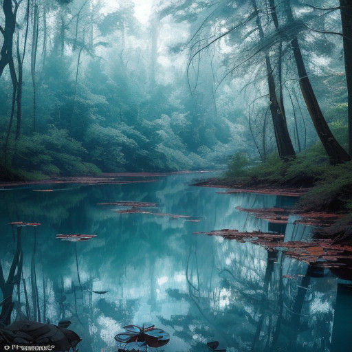 Surrealistic Forest Lake Scene with Hyperrealistic Splashes