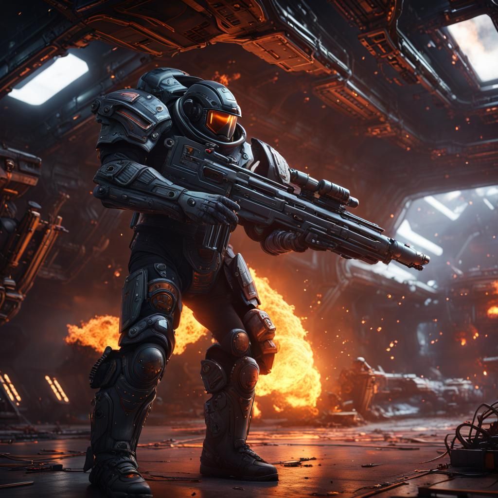 Armored Space Warrior with Flamethrower in Matte Painting St...