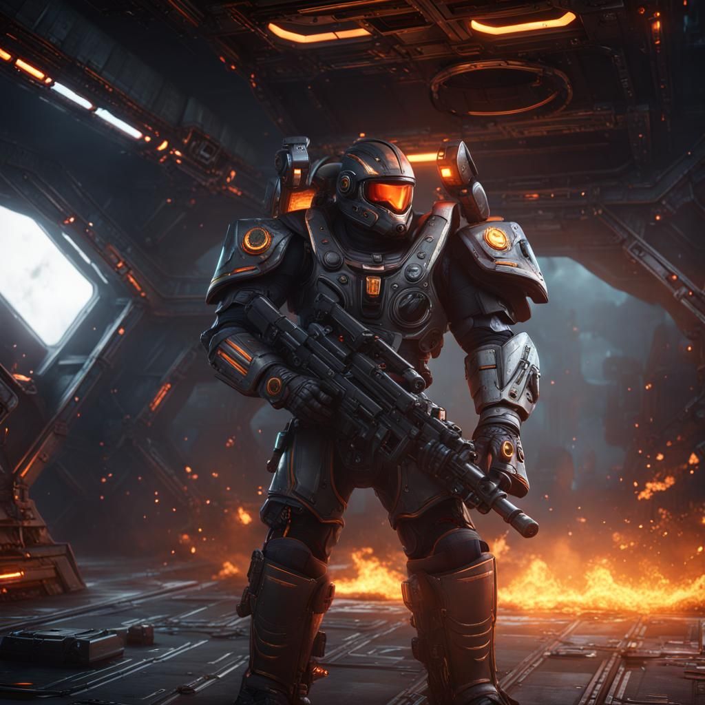 Armored Space Warrior with Flamethrower in Spaceship