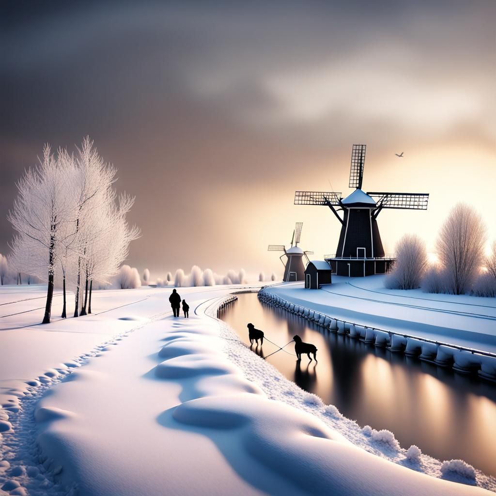 Winter Landscape: Windmills, Snow, Children, and Dogs