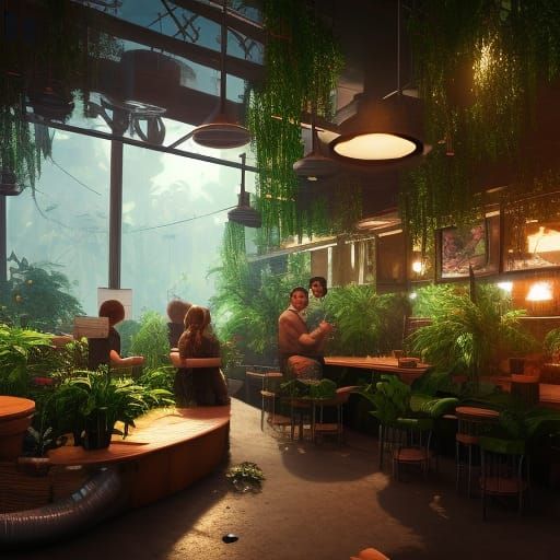 Cozy Coffee Shop in Solarpunk Jungle