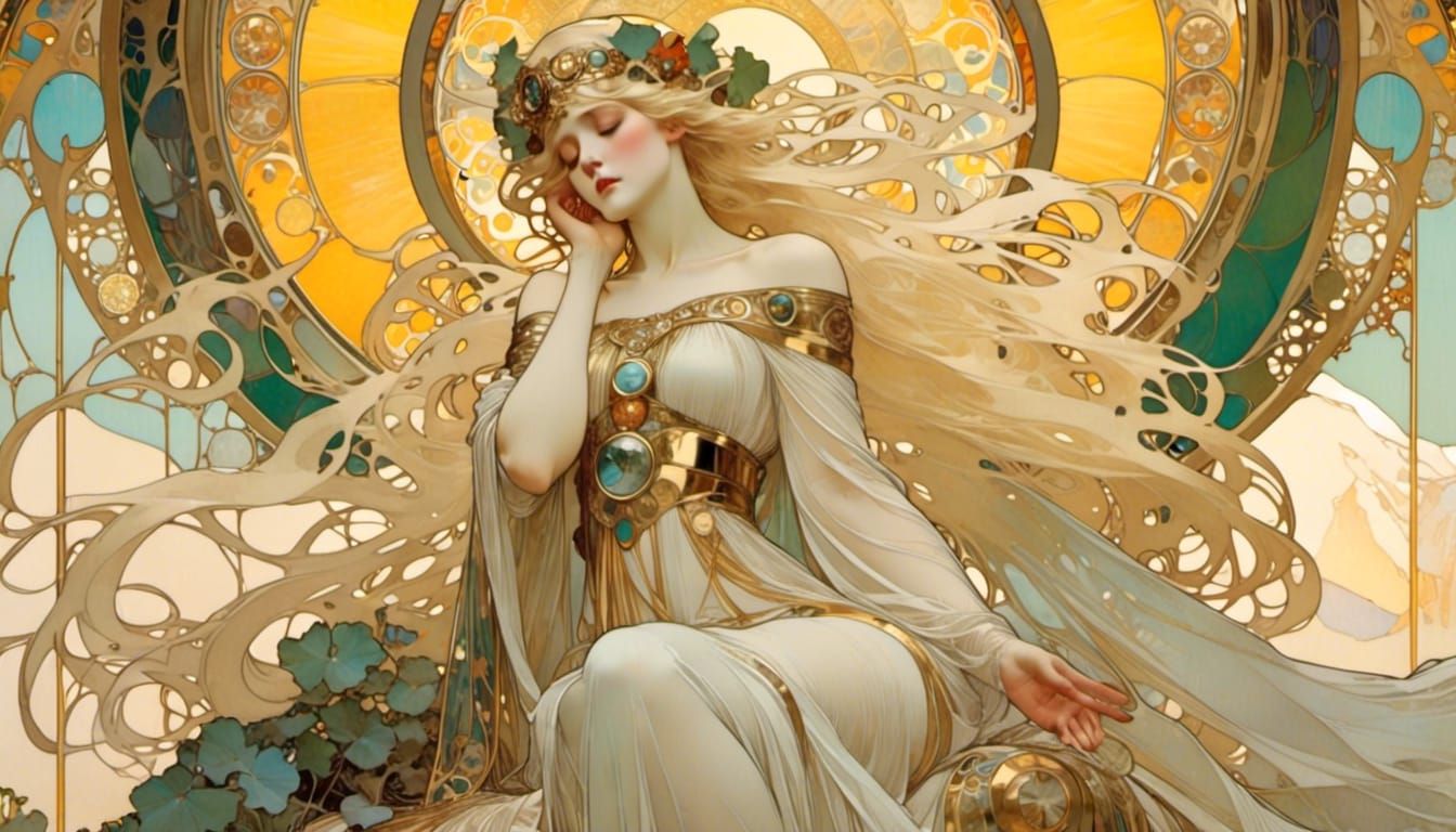 <lora:Art nouveau:1.0> The valkyrie is weeping in the desert