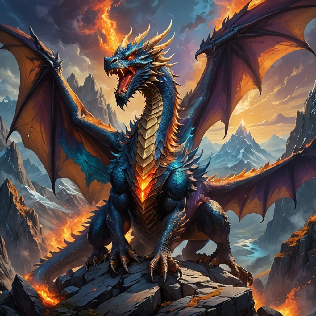 Majestic Dragon on Mountain Peak with Azure Flames