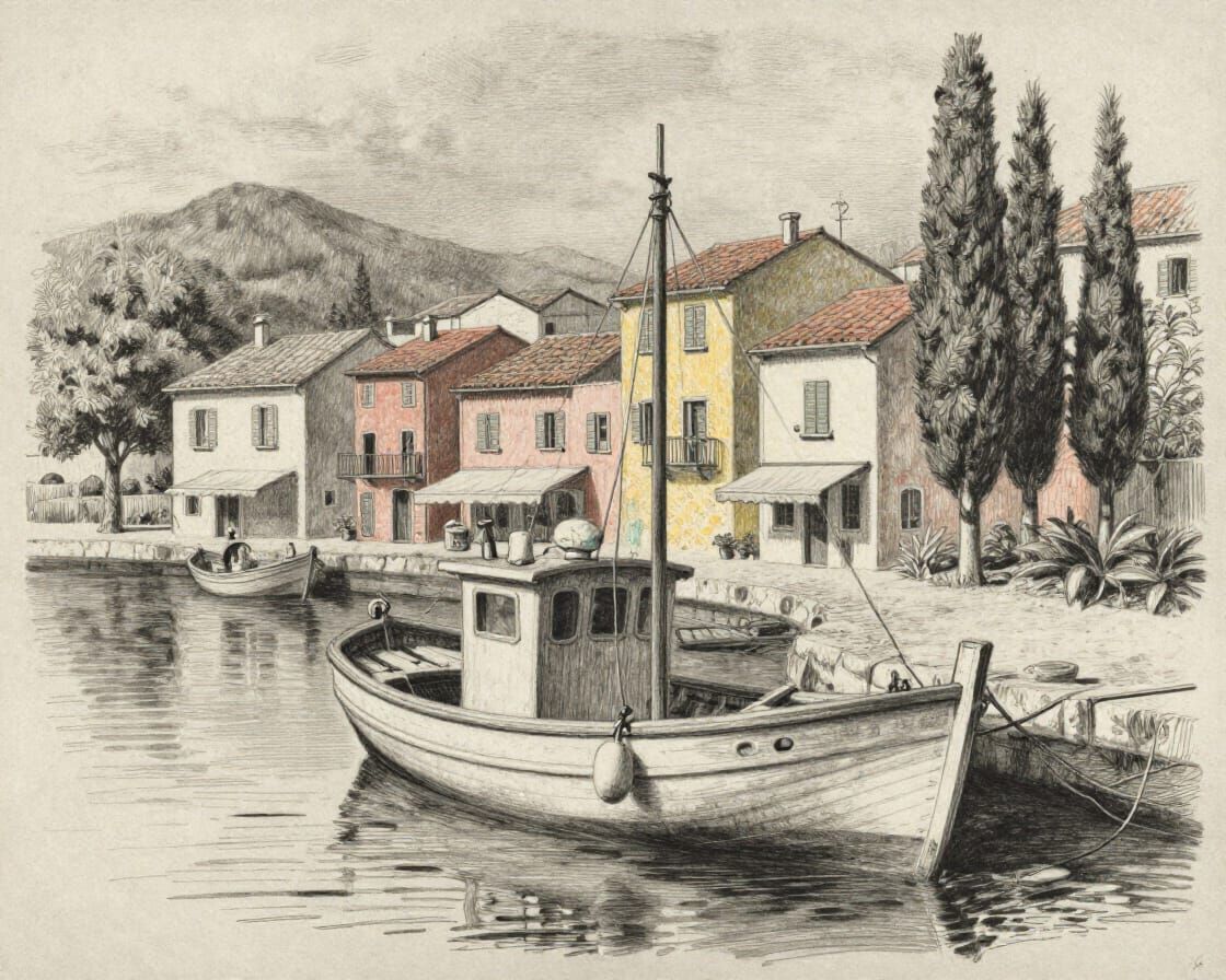 Detailed Fishing Boat in Italian Harbor Charcoal Drawing
