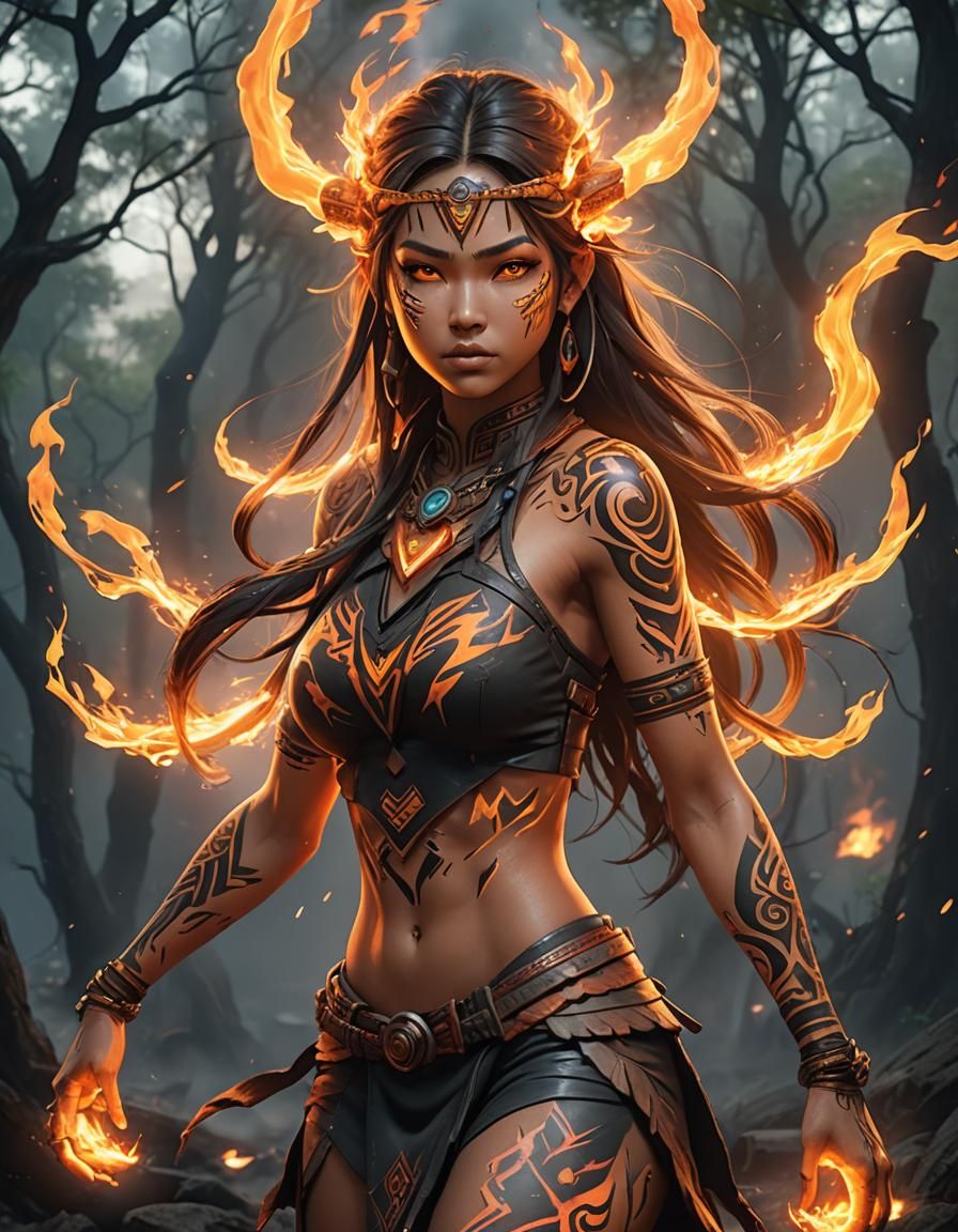 Fiery Tribal Girl with Glowing Spirit in Anime Style