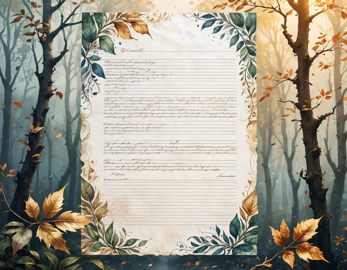 Quill Pen on Lined Paper with Watercolor Leaves