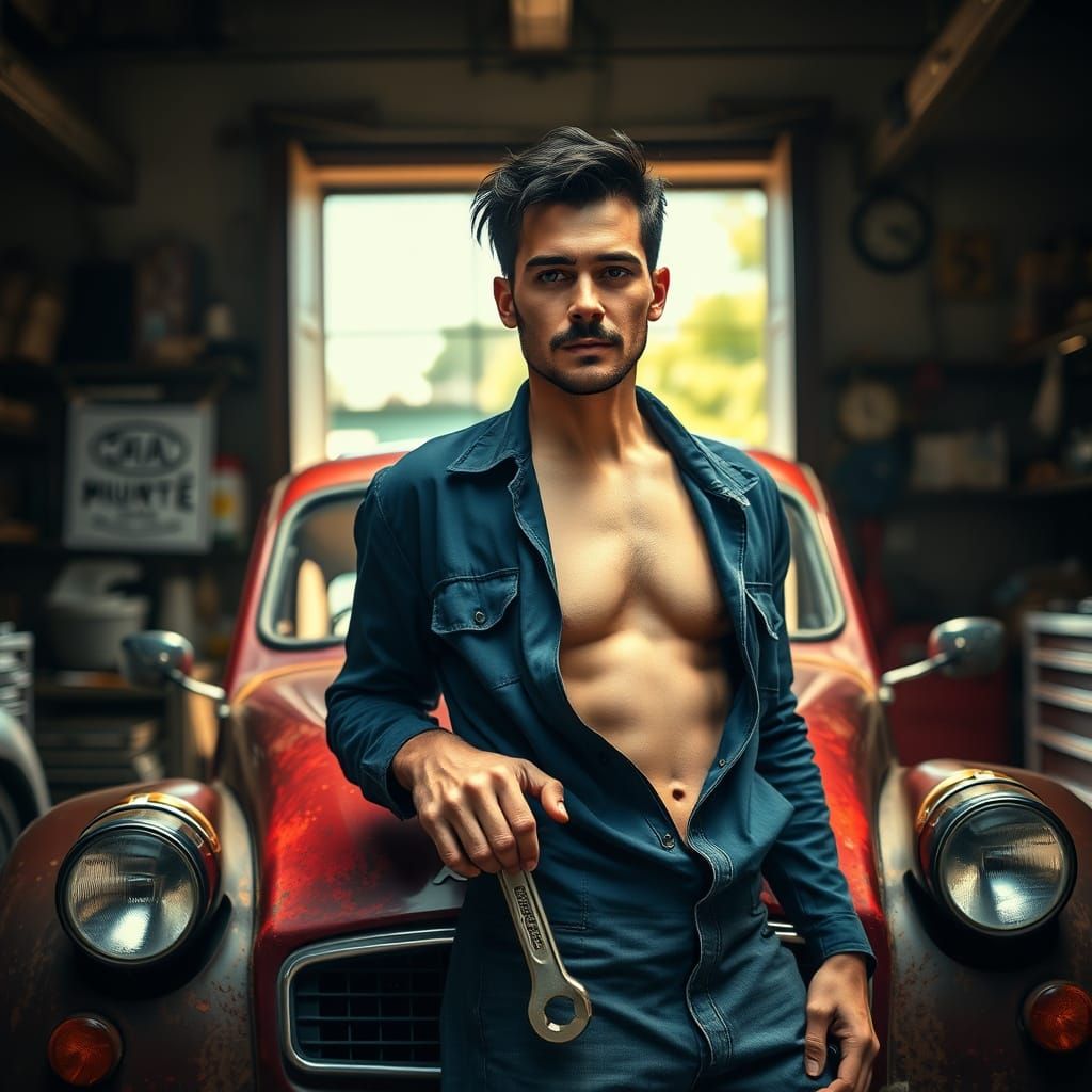 Handsome Mechanic in Italian Garage: Cinematic Film Still