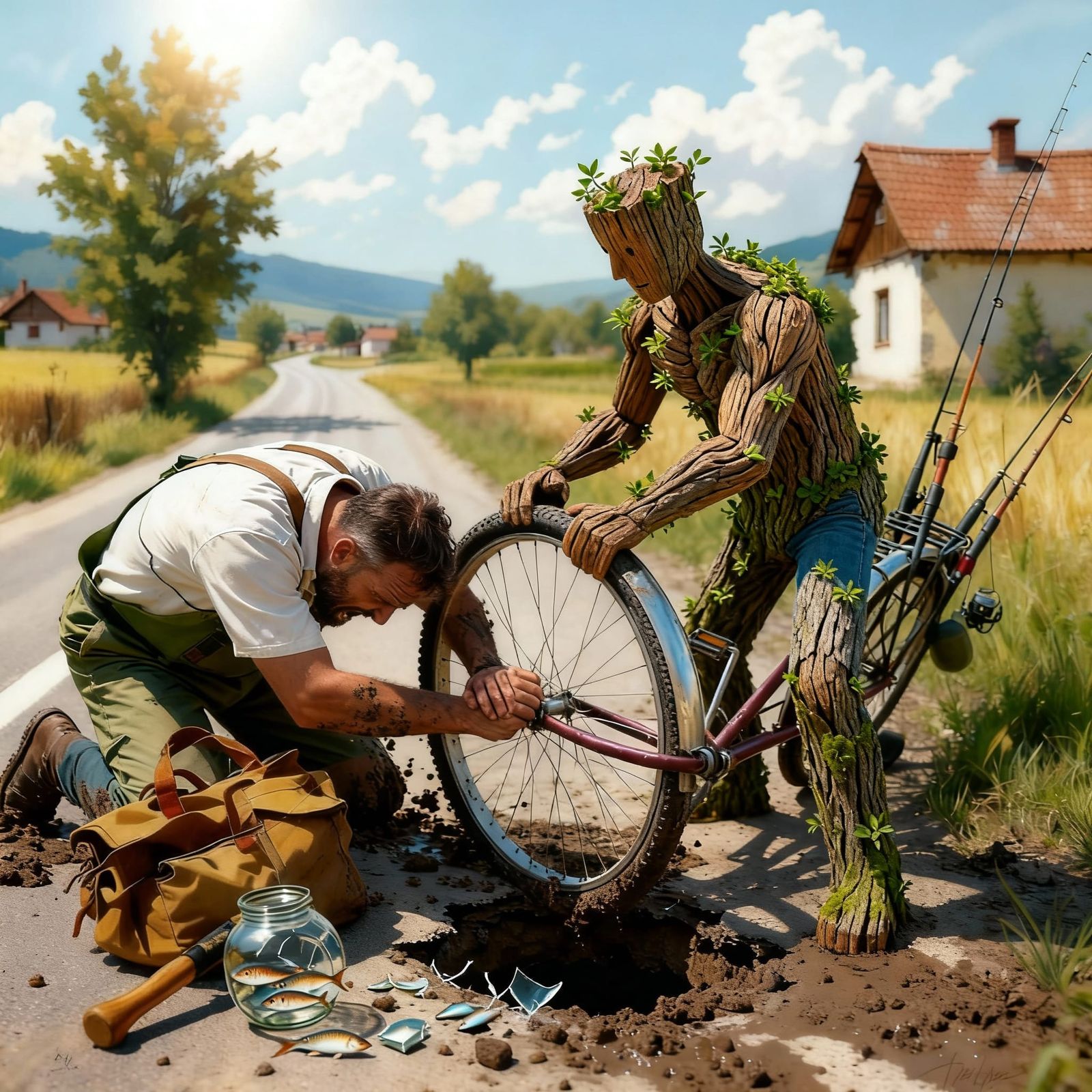 Pokušaj ali ne uspeli da se popravi bicikla. Svi zajedno rade bezuspešno na tome.