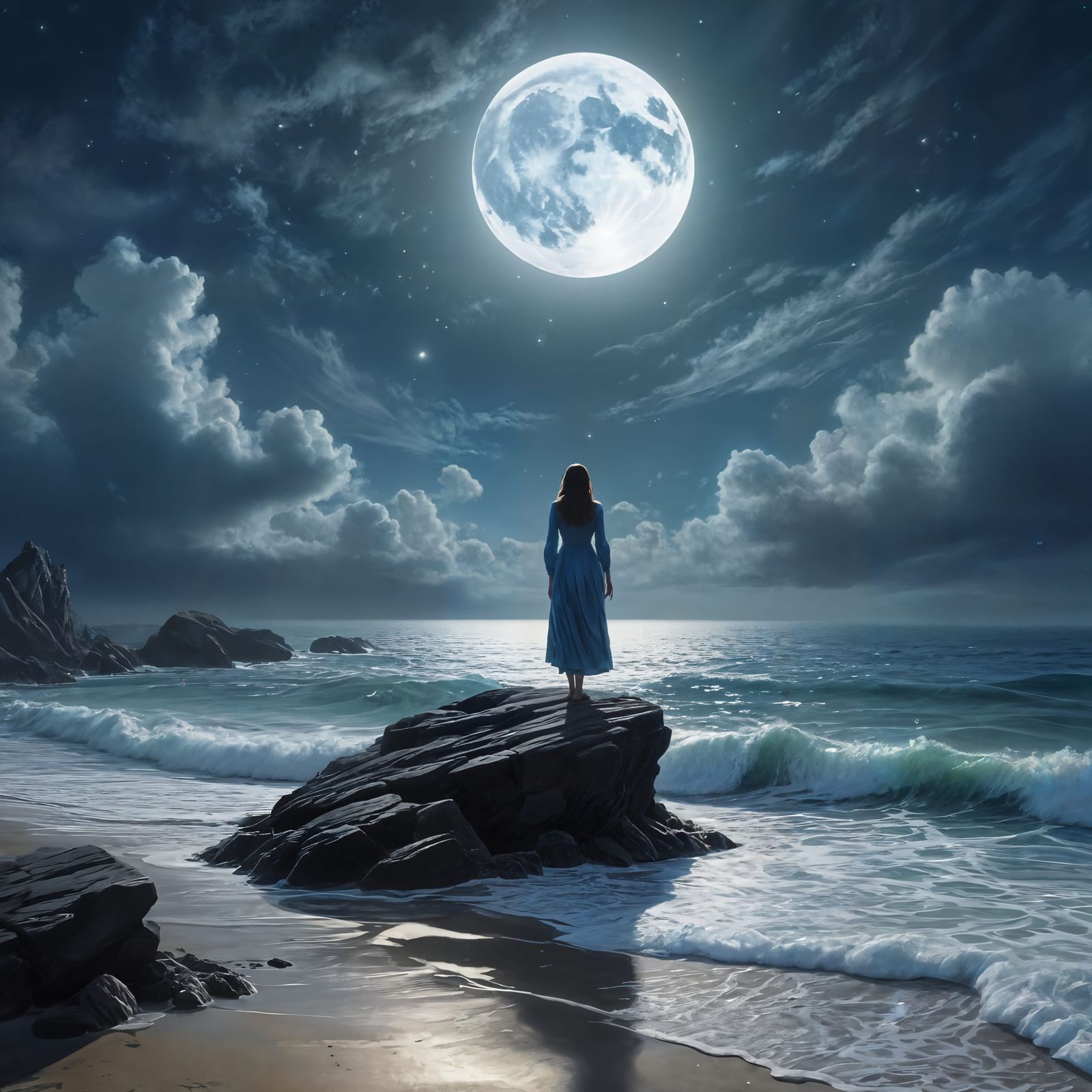 Ethereal Moonlit Goddess on Rocky Shore