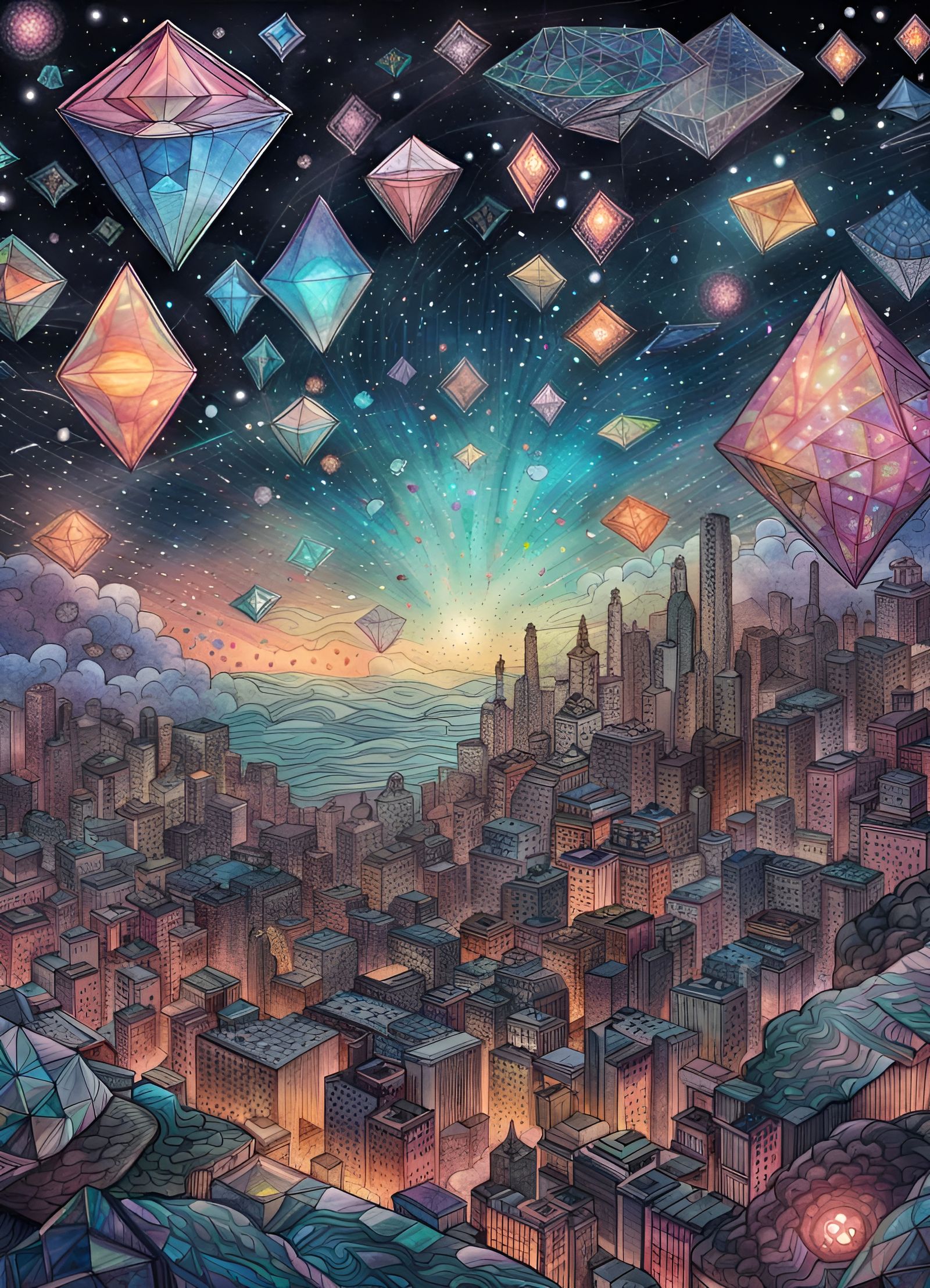 Astral Diamond Pattern over City Lights, Ink Drawing