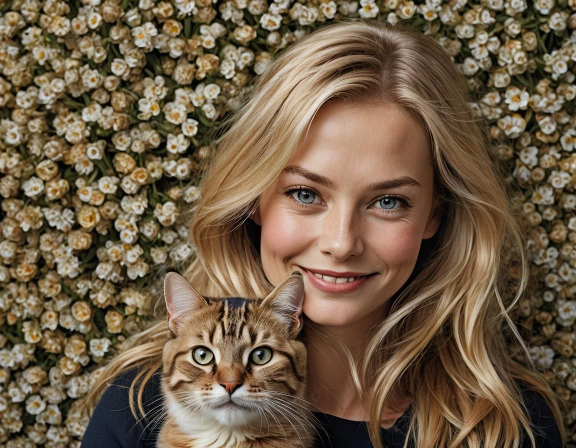 Blonde Woman and Cat Portrait in Studio Lighting