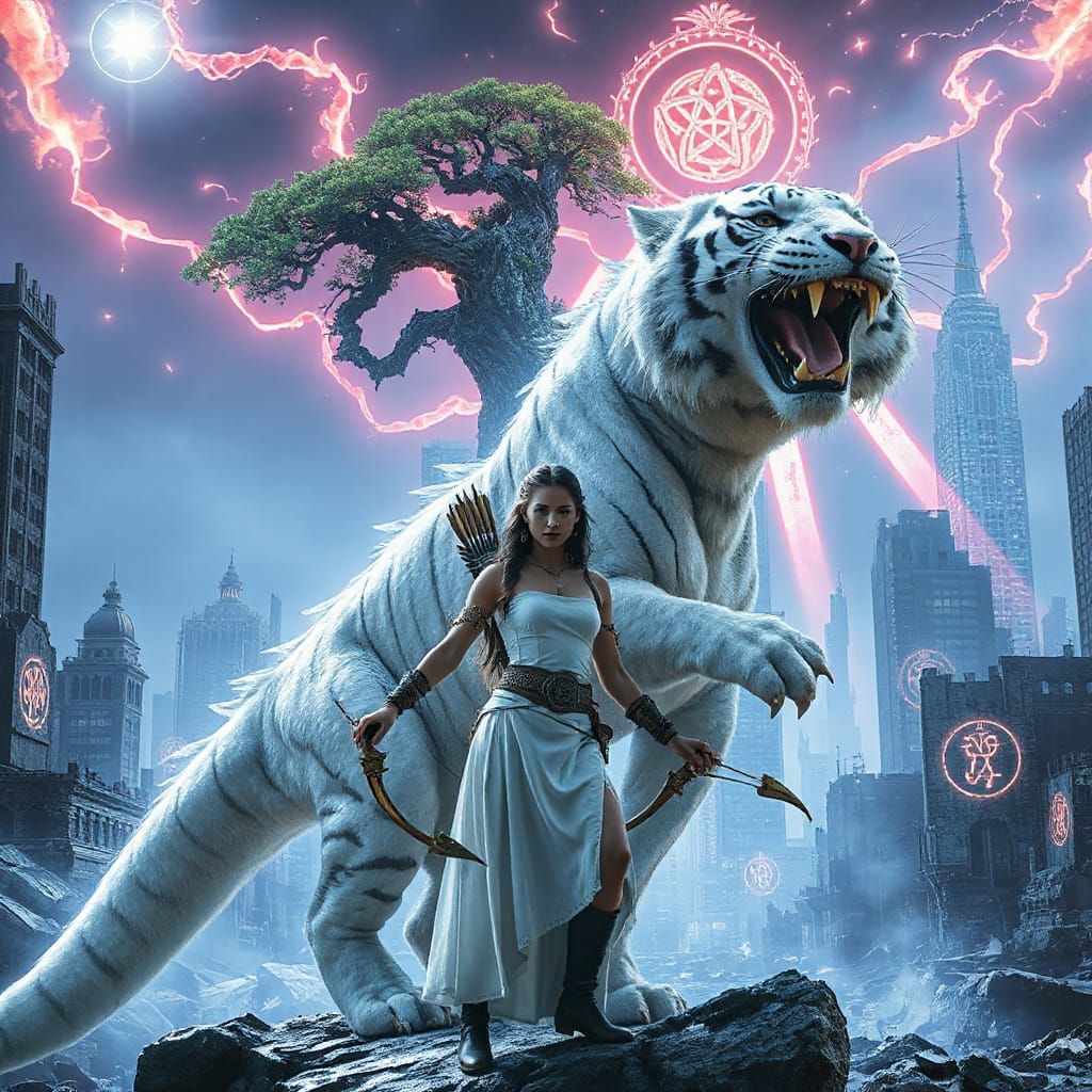 Celtic Princess and Tiger-Dragon in Futuristic Ruins