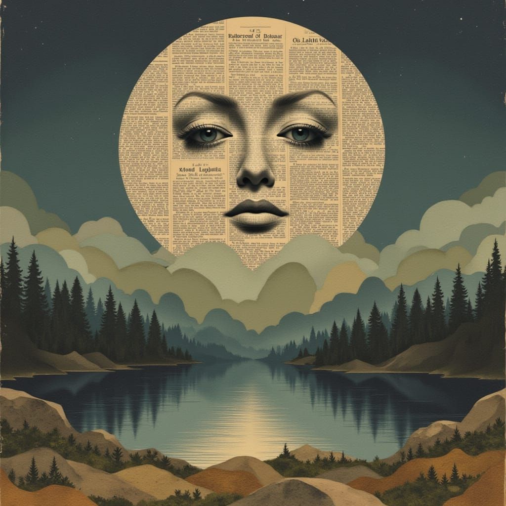 Surreal Moon Over Mystical Forest, Mixed-Media Collage