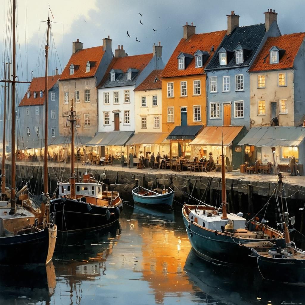 Danish Fishing Harbor at Sunset, Intricately Detailed Waterc...