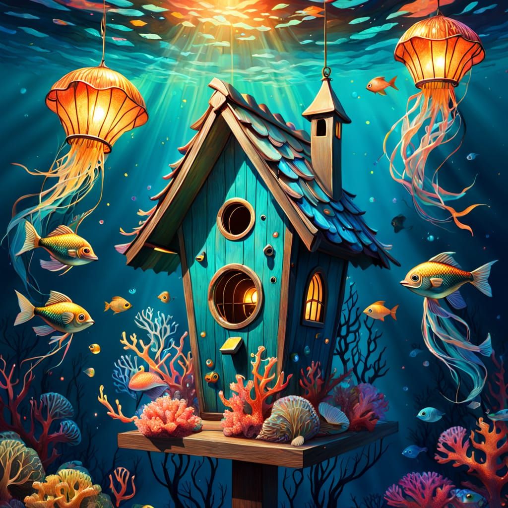 Underwater Birdhouse with Fish-Birds: Surreal Oil Painting