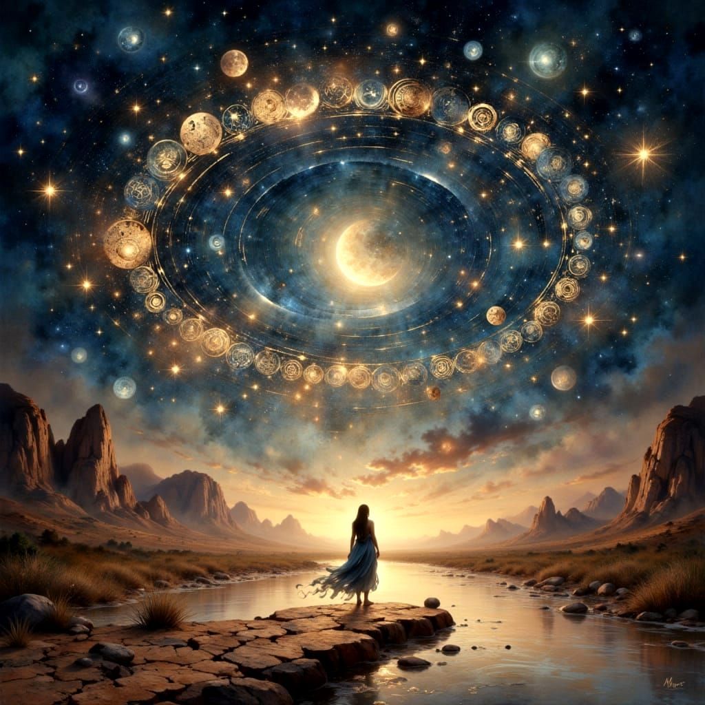 Surreal Fantasy Figure Amidst Ancient Hieroglyph Vortex