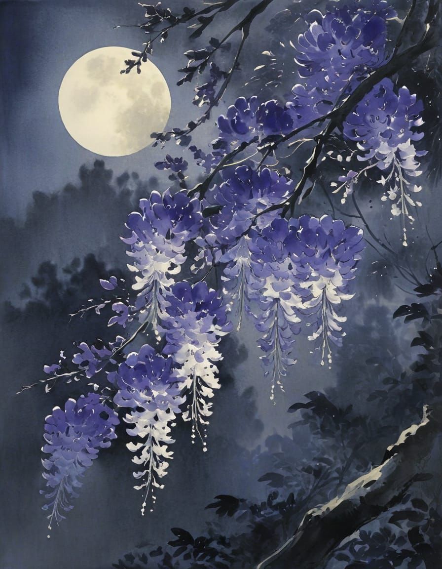 Moonlit Wisteria in Japanese Ink Wash Style