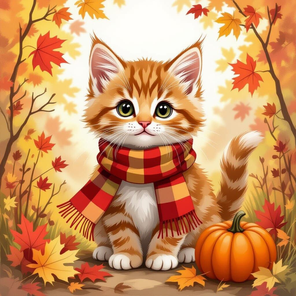 Charming Kitten with Autumn Leaves, in Beatrix Potter Style