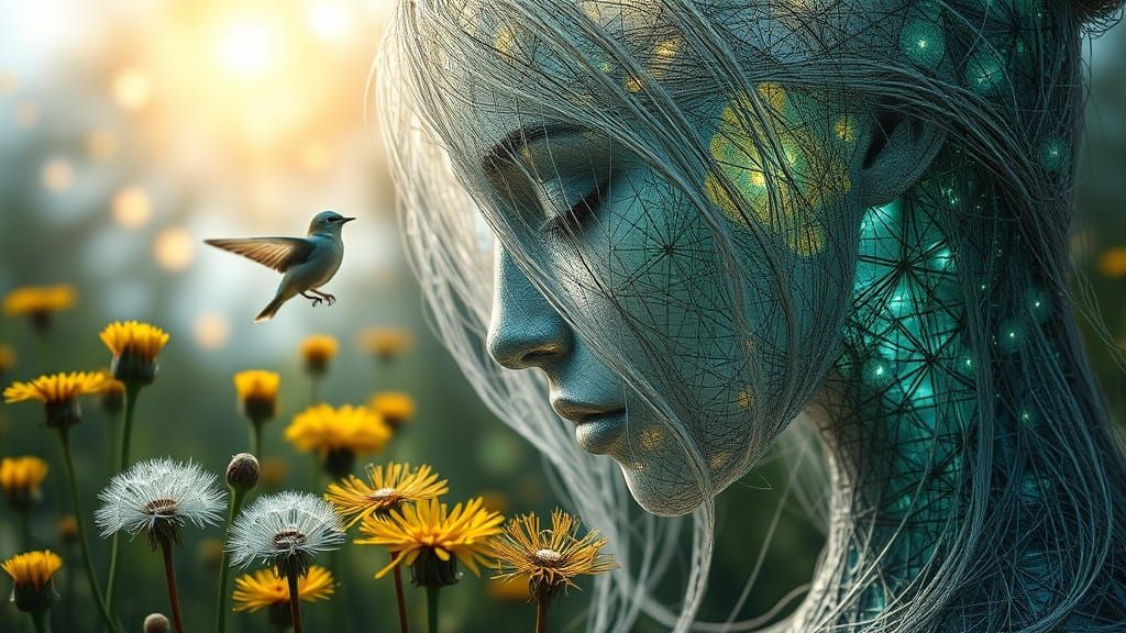 String Woman Kissing Bird: Bio-Art Portrait