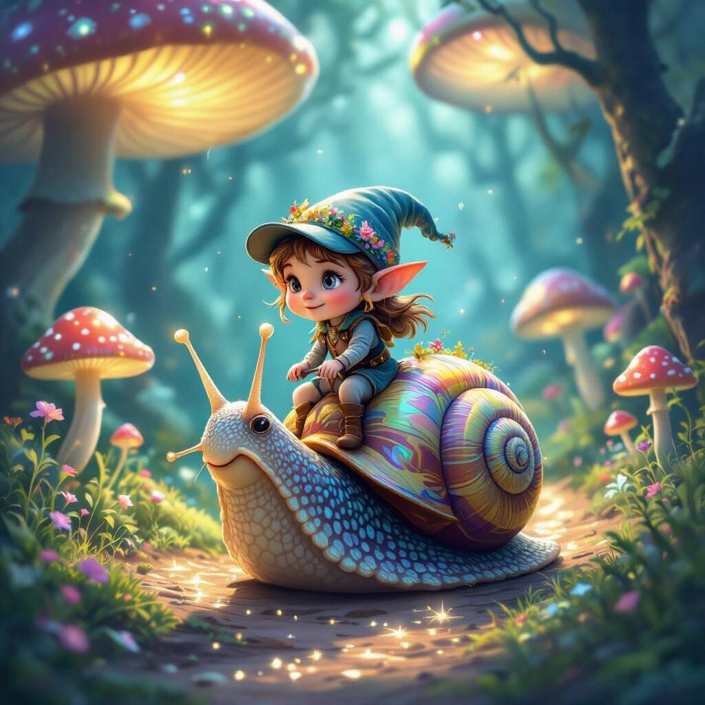Elf Riding Iridescent Snail in Glowing Forest