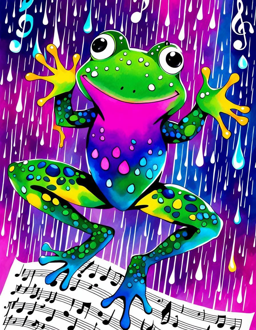 Dancing Frog in Dripping Rain: Alcohol Ink Illustration