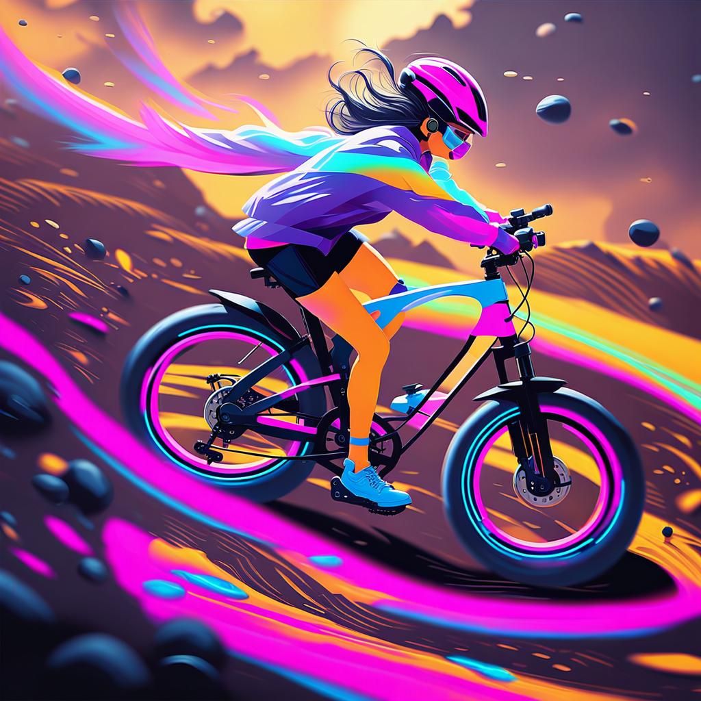 Woman on E-Bike: Vibrant Digital Art with Neon Accents