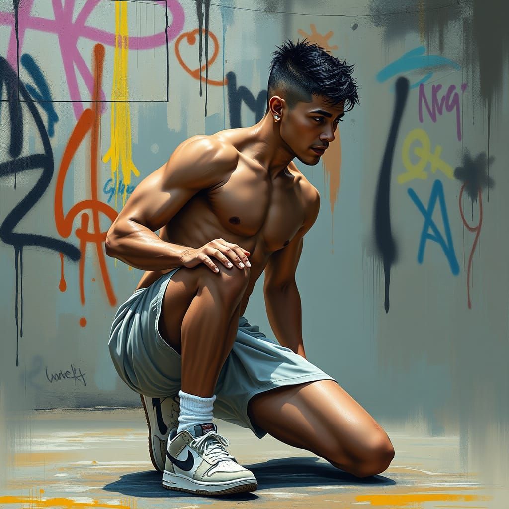 Latin Man in Sportswear: Digital Street Art Painting