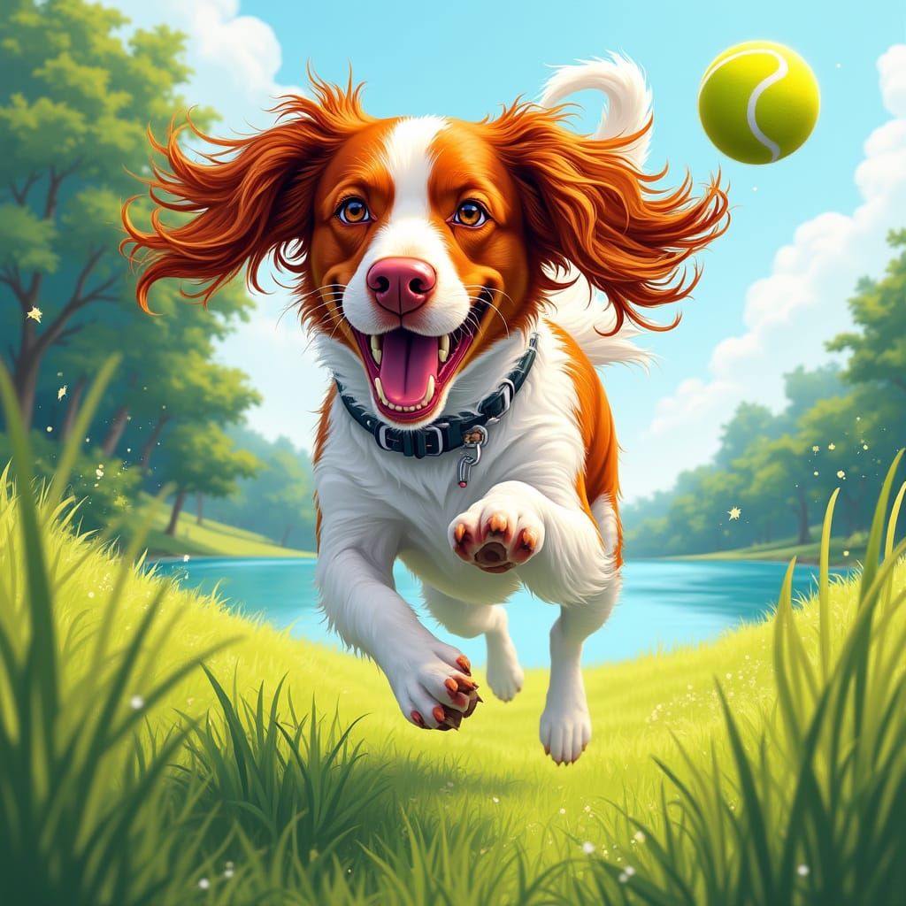 Vibrant Brittany Spaniel Leaps for Joy in Lush Meadow