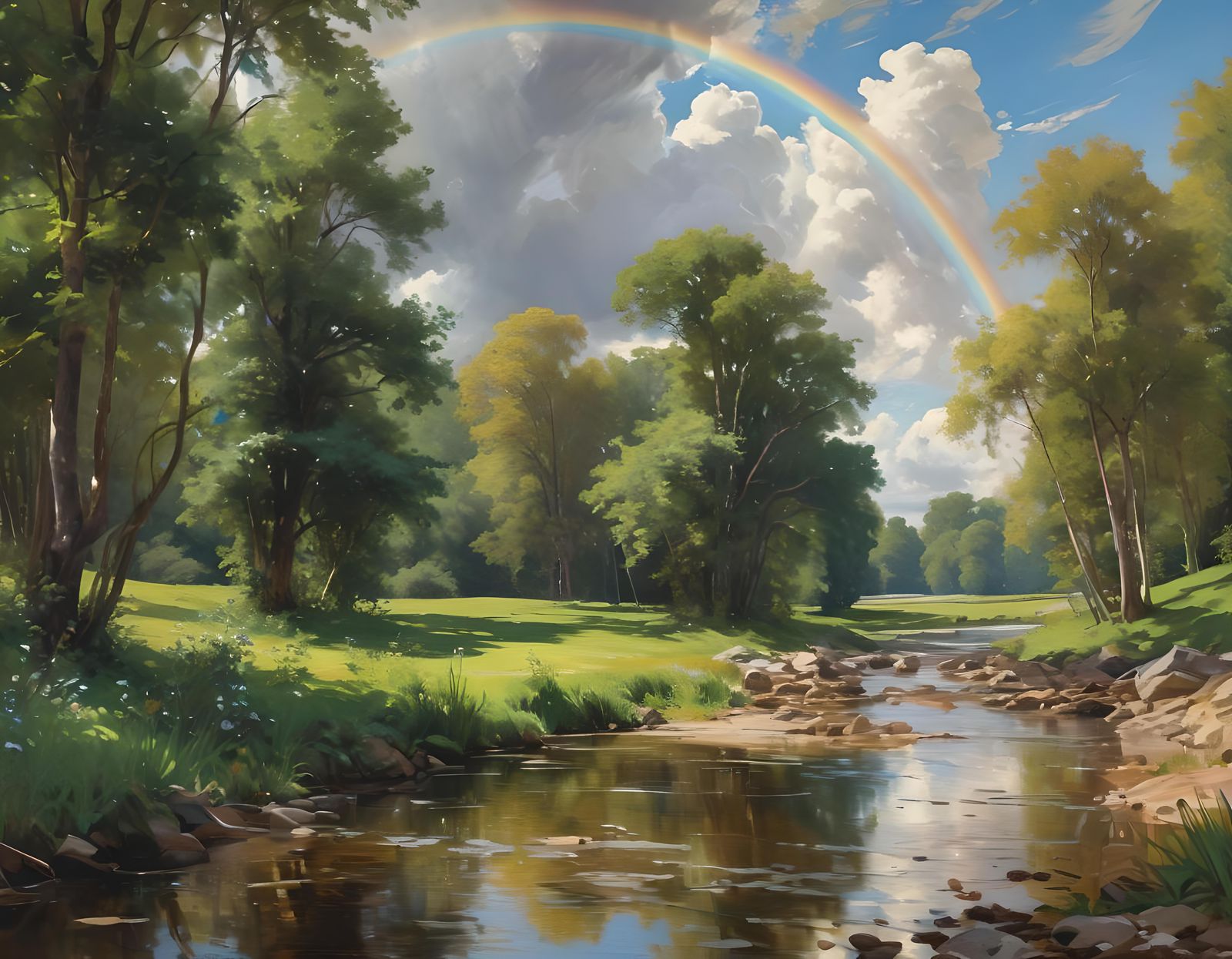 Landscape with Rainbow in Oil Painting Style