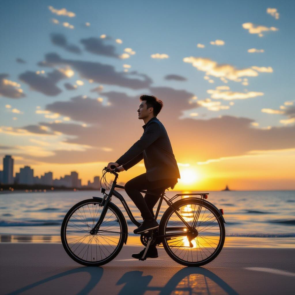 Man Cycling on Beach at Sunset