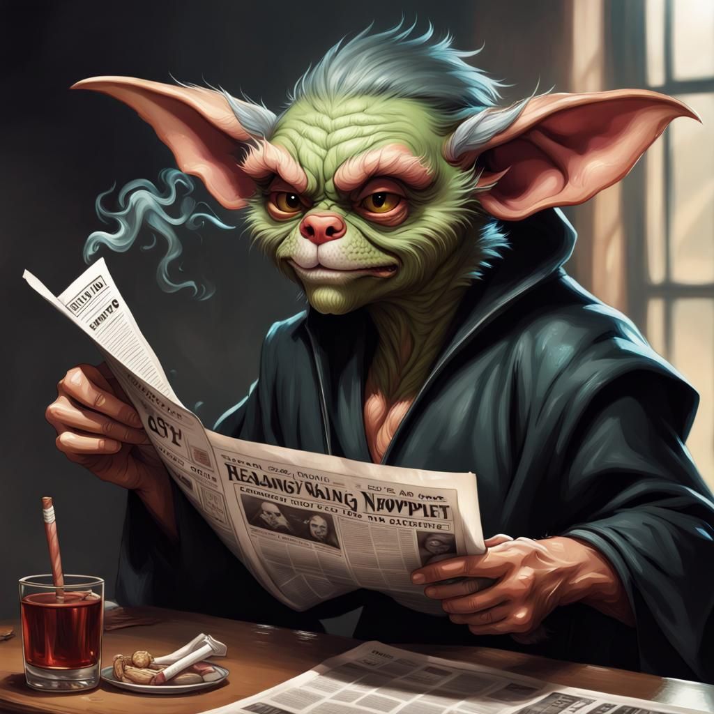 Gremlin reading the newspaper and smoking