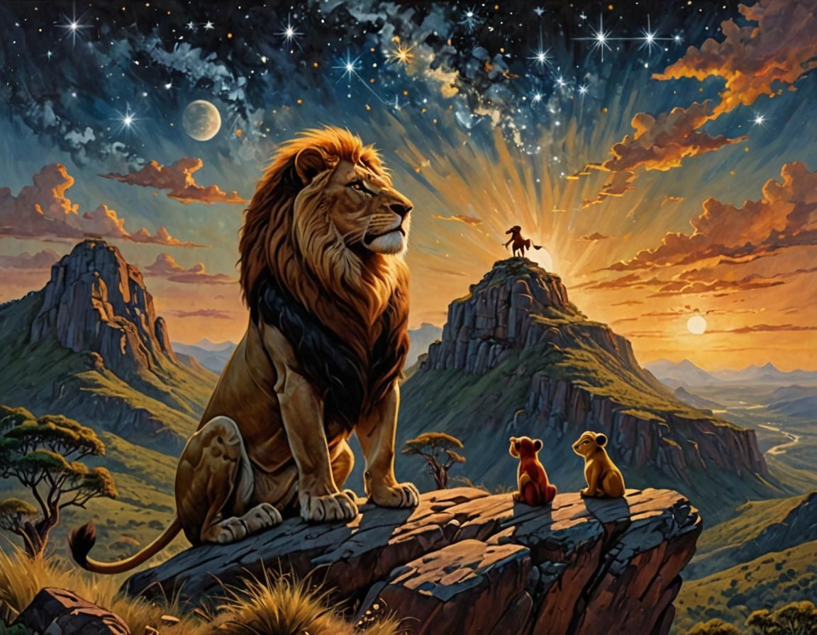 Lion King Teaches Simba, Oil Painting
