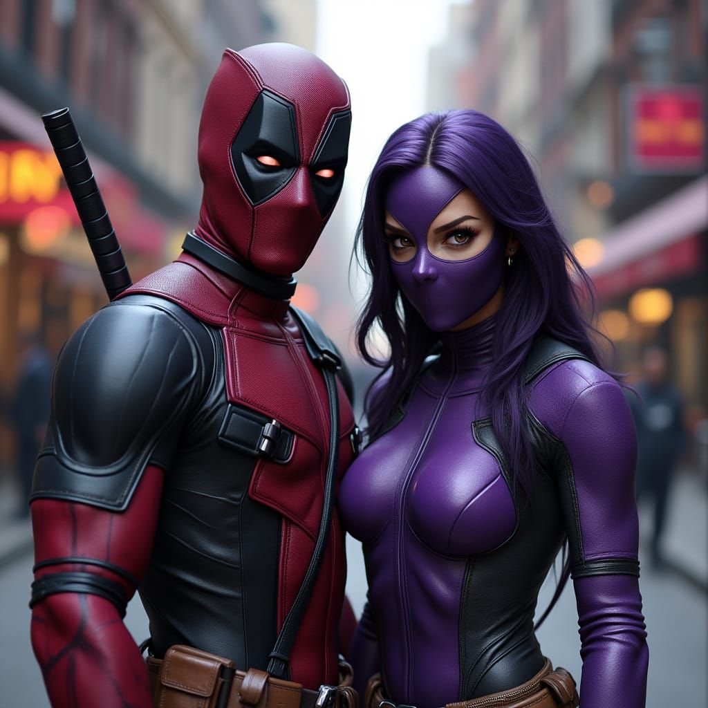 Deadpool and Mileena in a Cyberpunk Cityscape