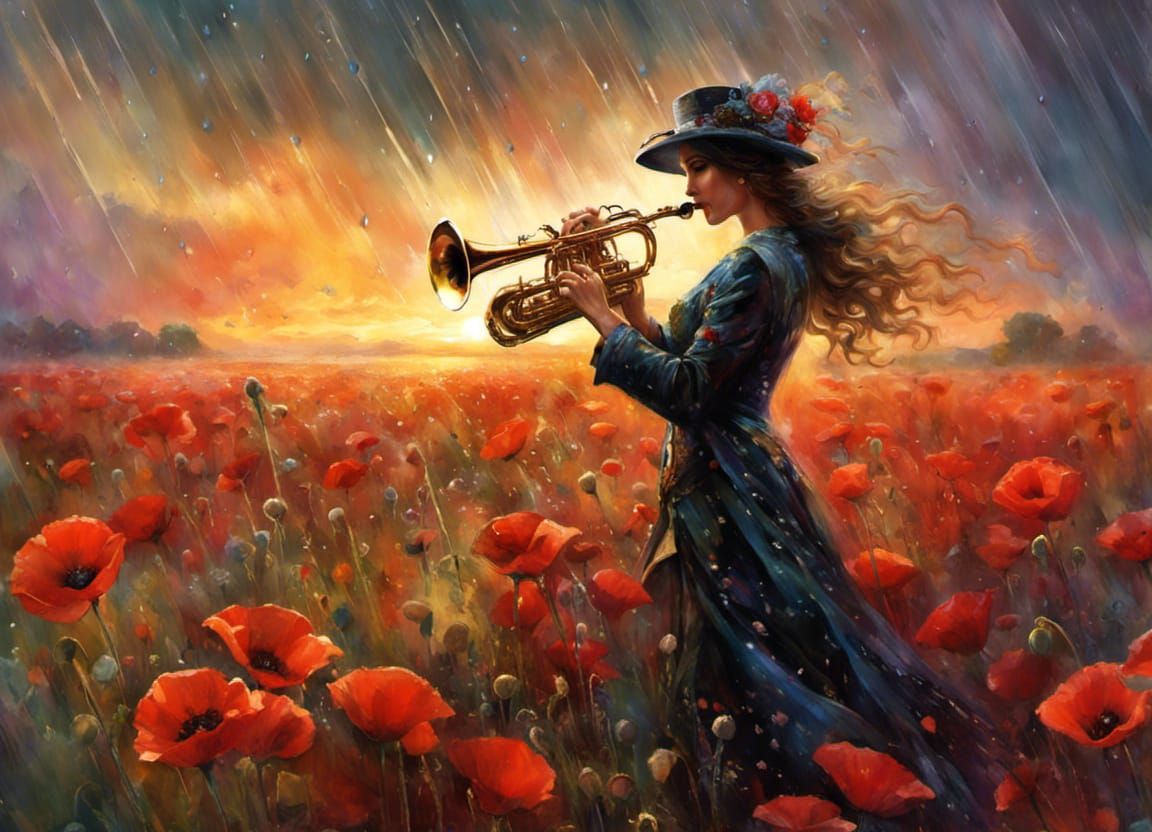 Saxophone Player in Rainy Poppy Field, Detailed Art