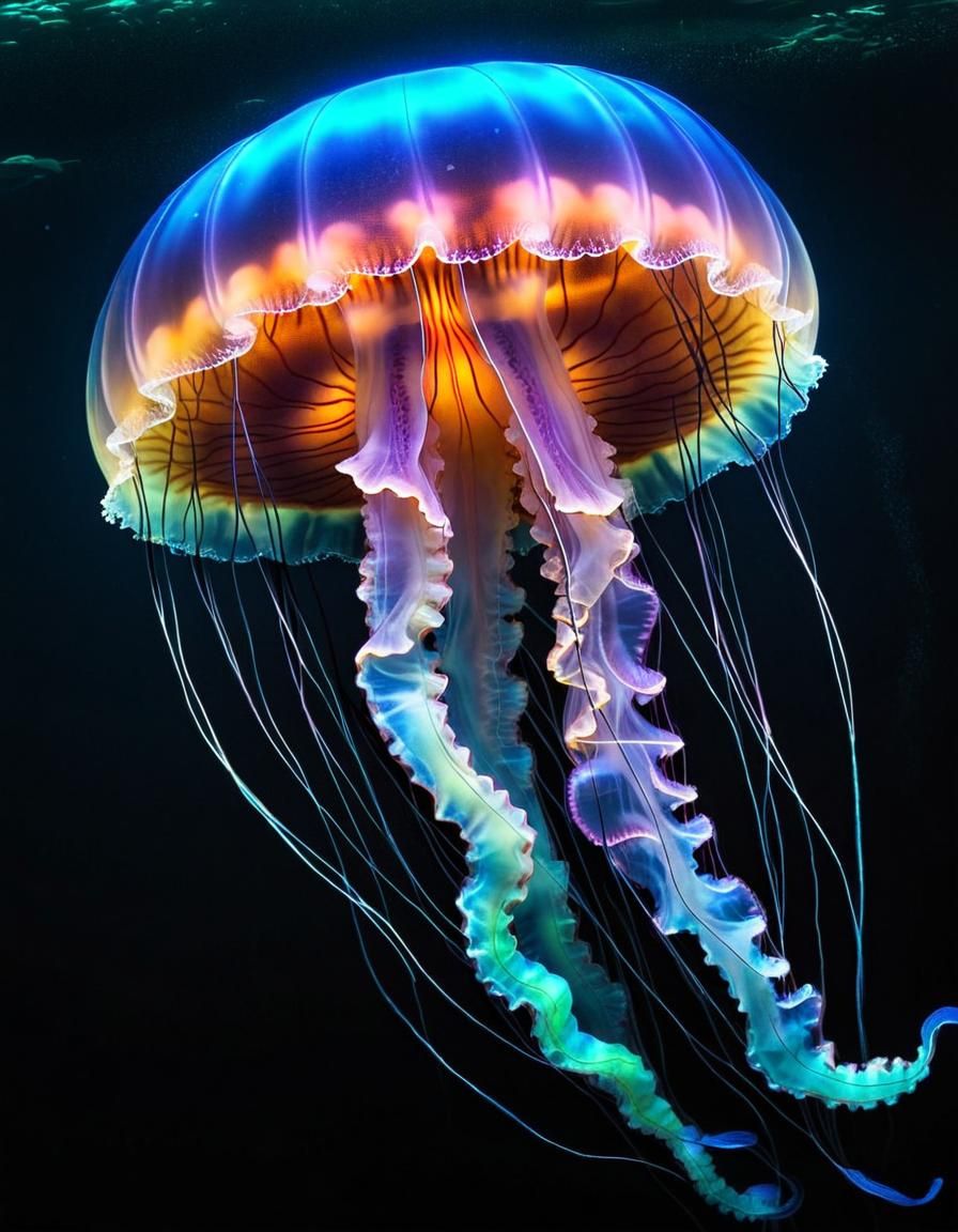 Bioluminescent Jellyfish Manowar in Deep Sea Fantasy